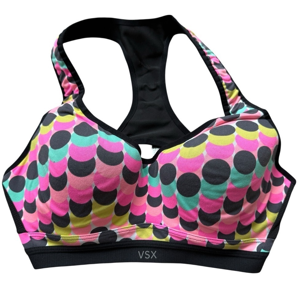 Victoria's Secret VSX Sports Bra 34C Multicolor Polka Dot Racerback Gym Workout